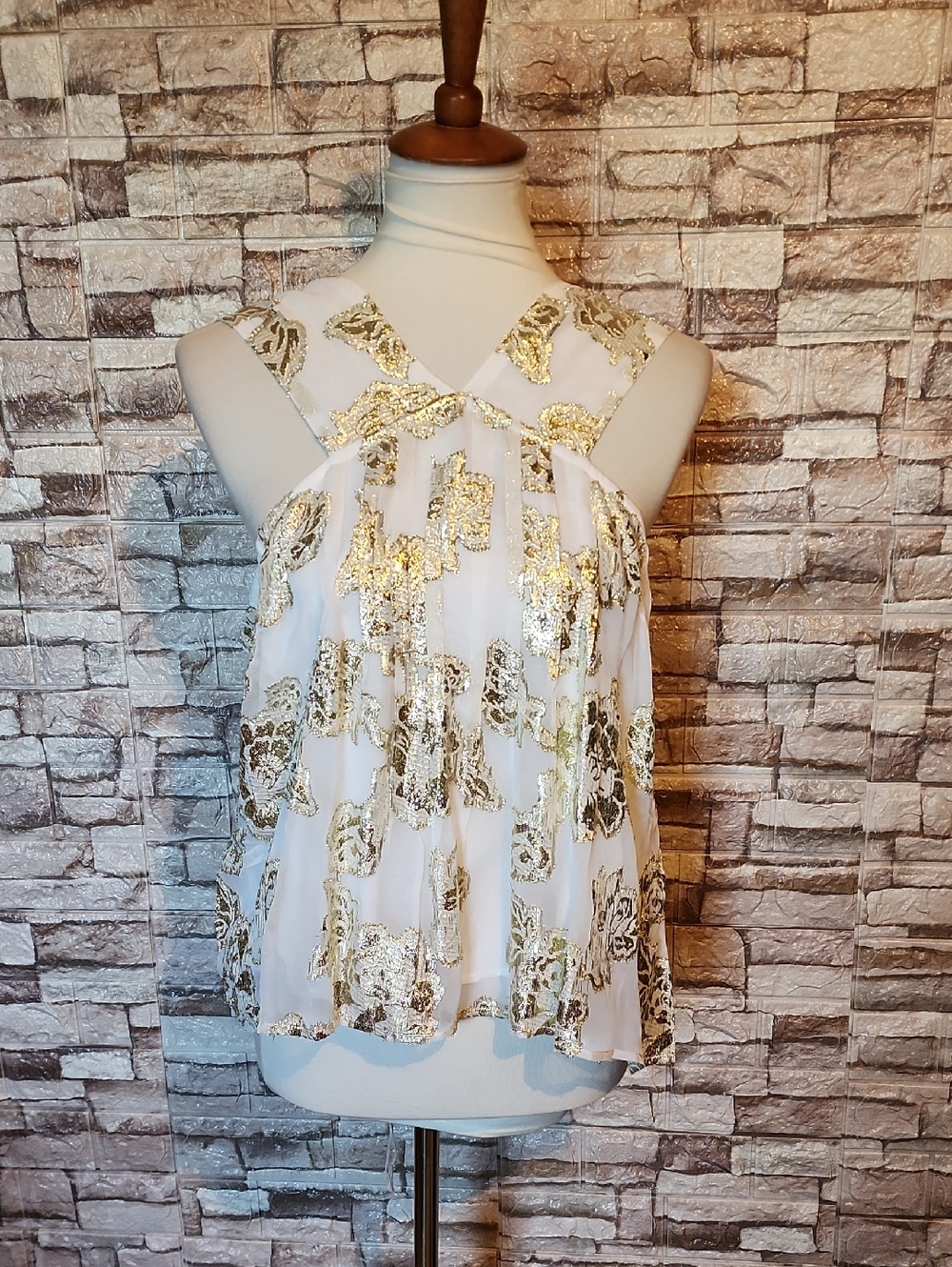 Ciebon White and Gold Foil Halter Shell Top Brand New
